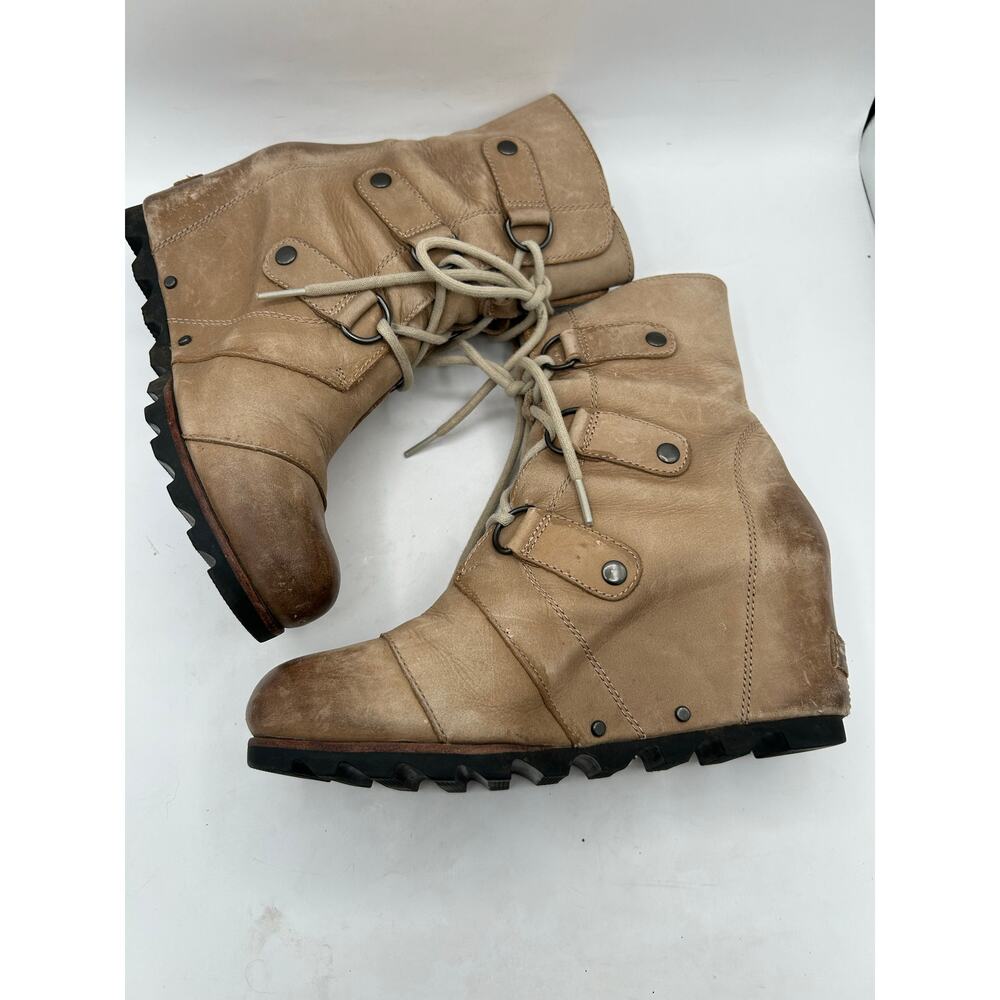 SOREL Joan of Arctic Lace up Wedge booties Ash Brown Leather Women’s 7.5
